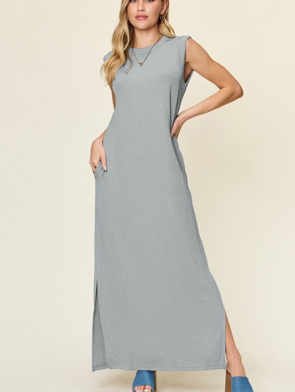 Sleeveless Dust Blue Maxi Dress with Side Slit